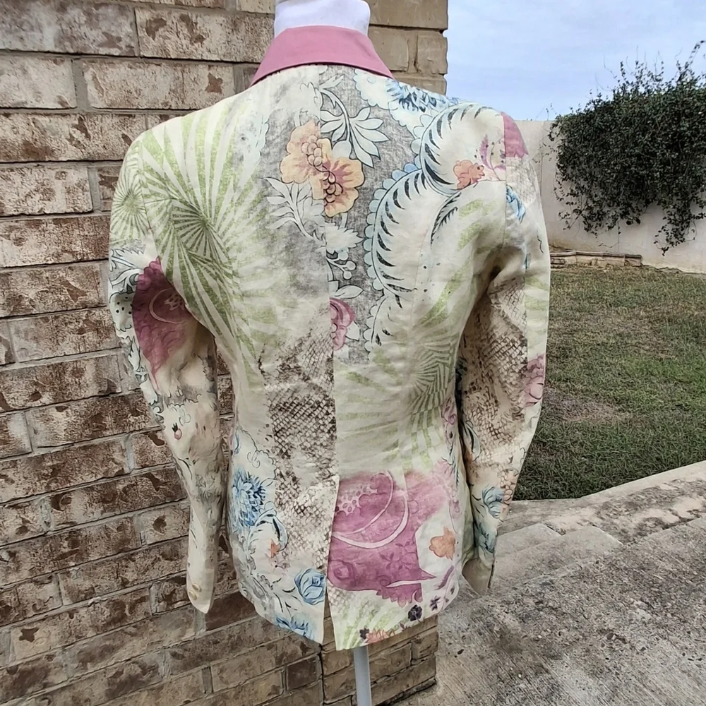 Vintage Etro Milano Floral Print Paisley Linen Blazer Women Size 8US / 44IT - Picture 7 of 16
